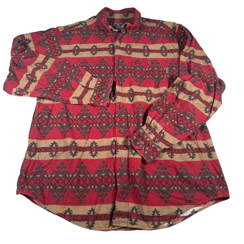 Woolrich Flannel Shirt Mens XL Red Tan Southwestern Tribal Geometric Cotton